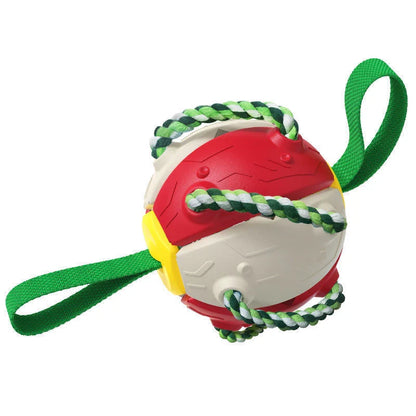 Transforming dog toy that can switch between a ball and frisbee shape, featuring durable construction and interactive play features