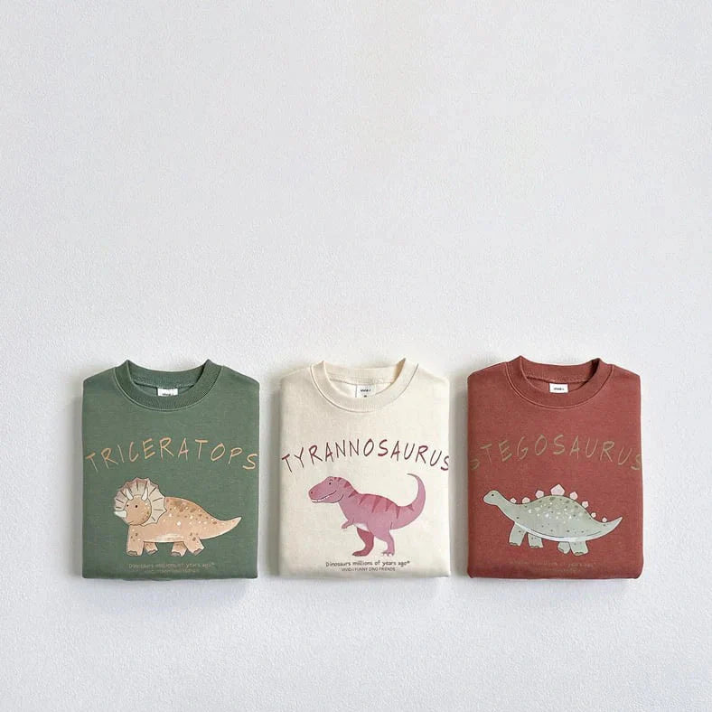 Children's beige sweatshirt with printed cartoon dinosaur design, pullover style without hood
