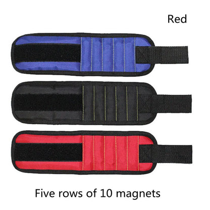 Powerful Magnetic Wristband in blue, black, and red holding tools securely
