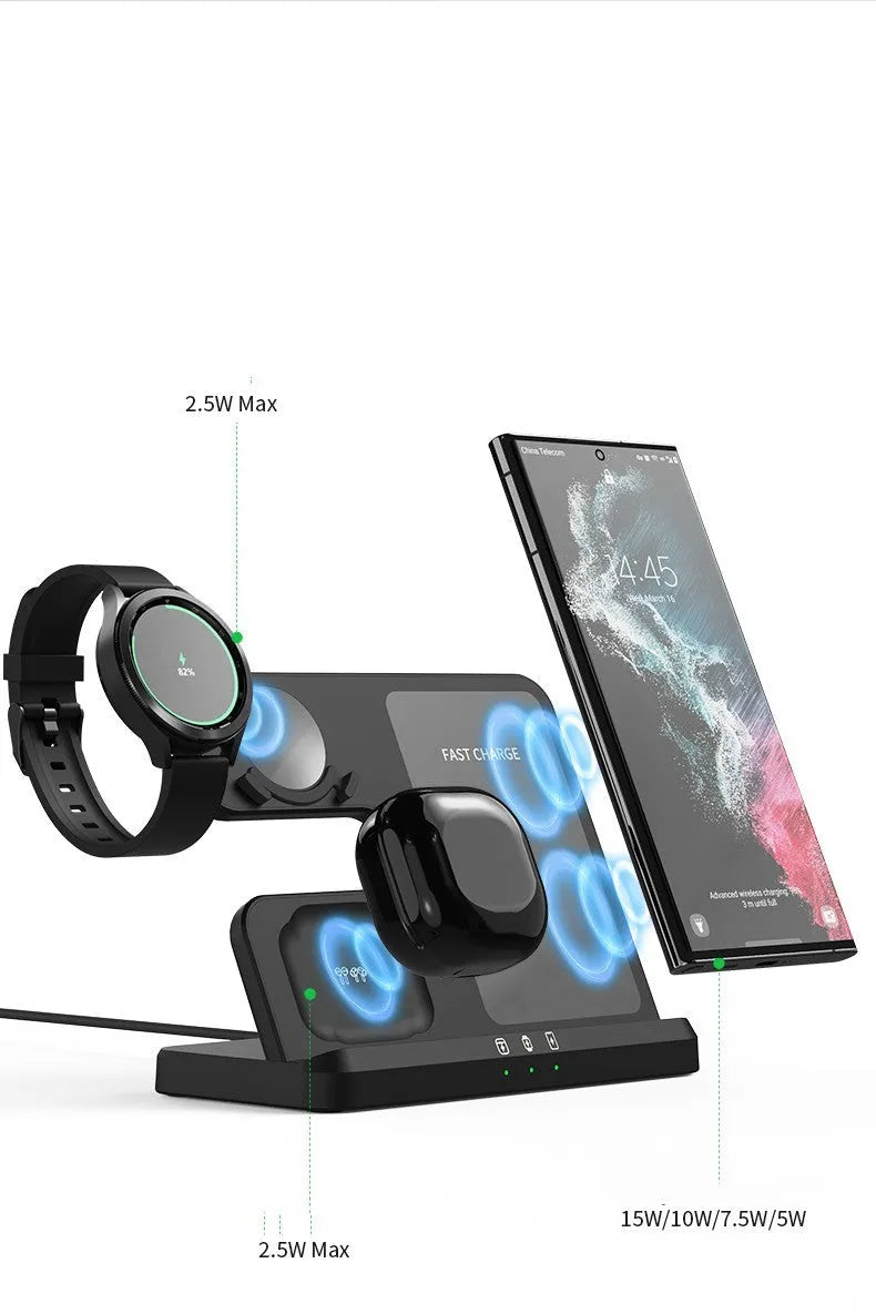 Vertical 3-in-1 wireless charging stand for mobile phone, smartwatch, and headphones