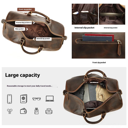 Men's large genuine cowhide leather crossbody bag in vintage travel style.