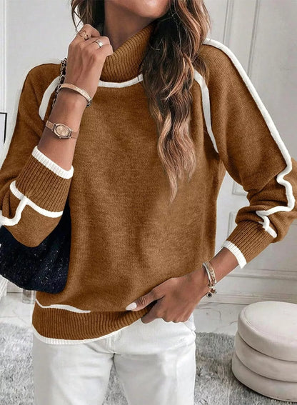 Women's solid color high-neck knit top for autumn and winter in khaki, green, and brown