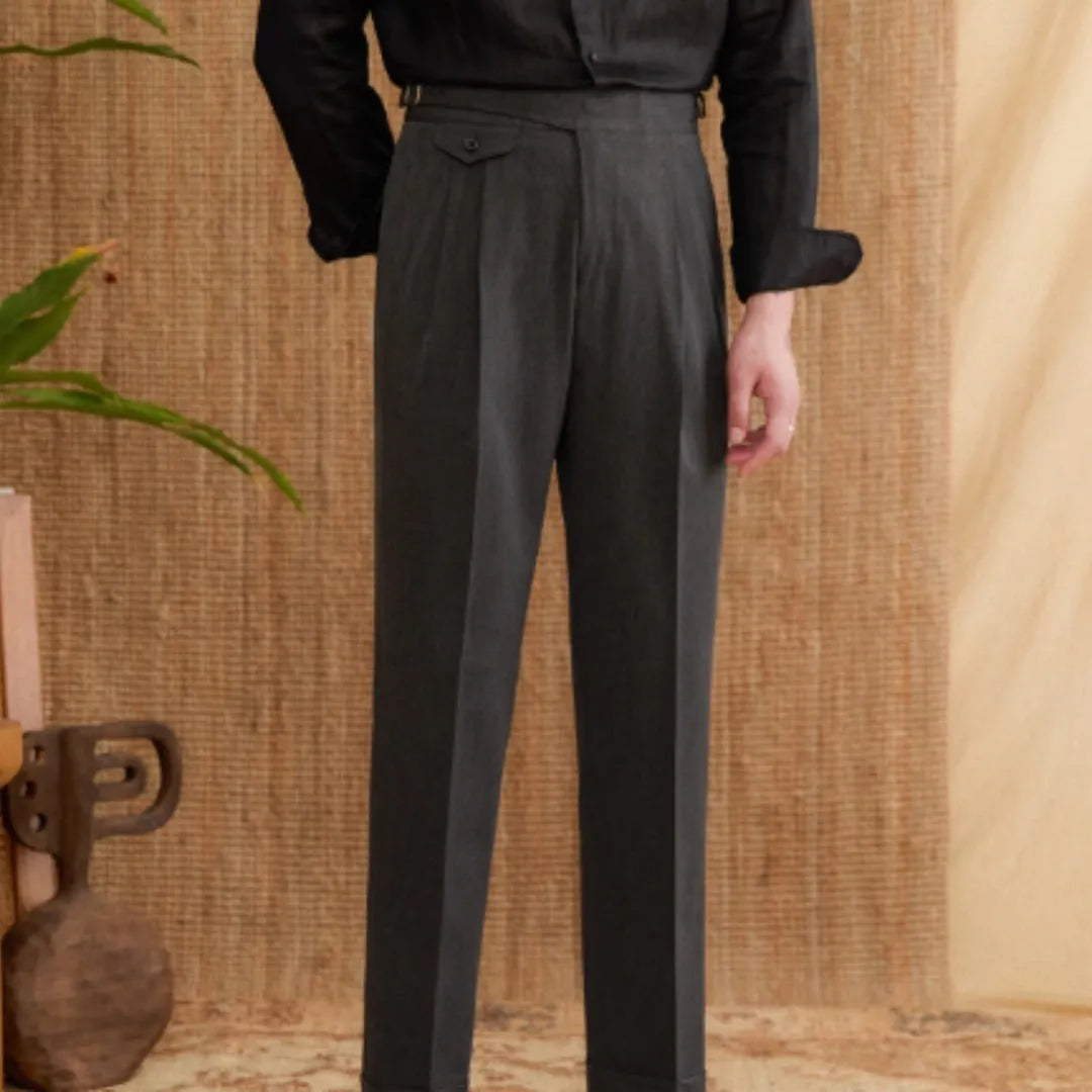 Men's slim-fit business trousers in dark grey, featuring a straight leg cut and medium-high waist, made from wrinkle-resistant polyester
