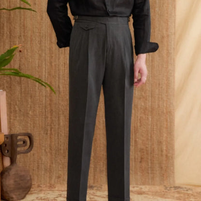 Men's slim-fit business trousers in dark grey, featuring a straight leg cut and medium-high waist, made from wrinkle-resistant polyester