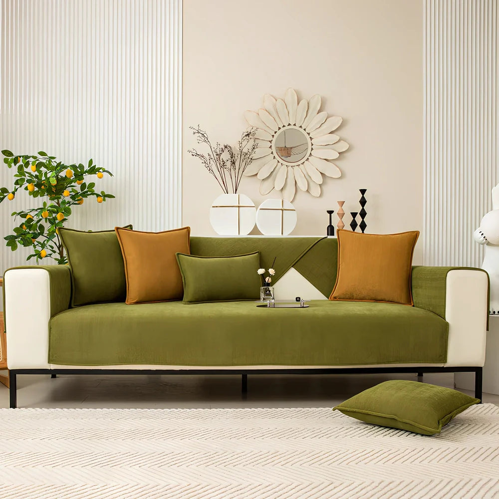 Chenille sofa cushion cover in army green with matching pillowcase on grey sofa