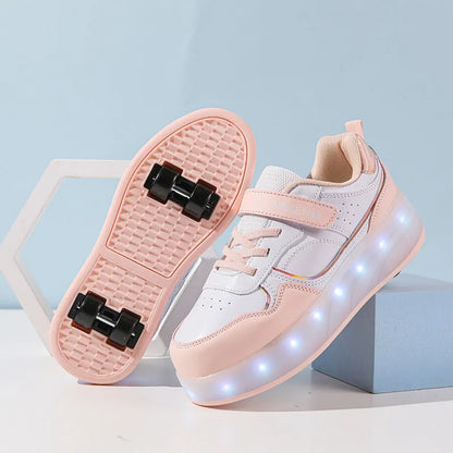 Children's charging flash roller skates with LED lights in pink, white, purple, and black colour options