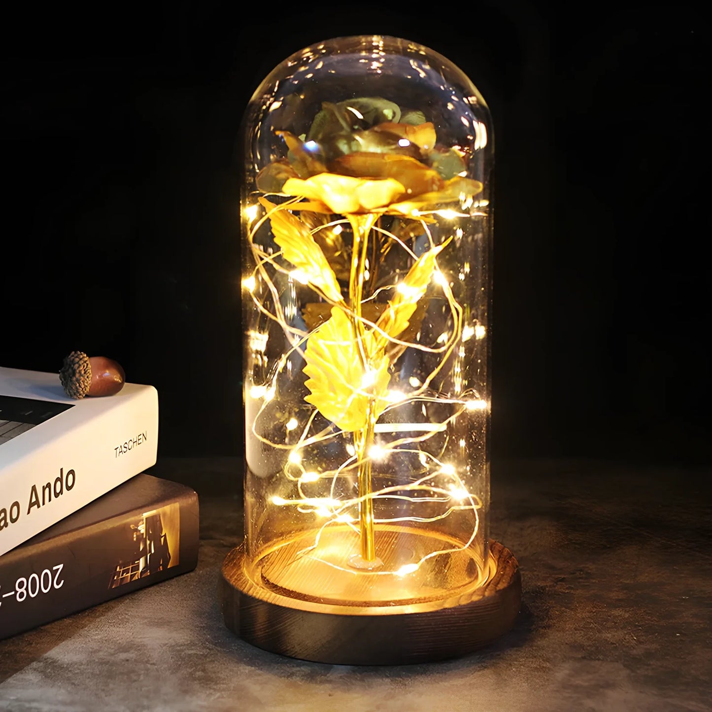 Little Prince rose arrangement under 20x9cm glass dome with gold foil flowers