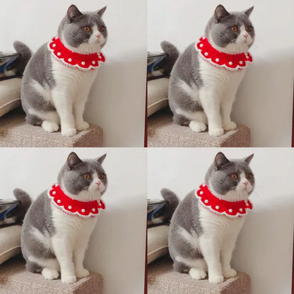 Cartoon-patterned knitted wool collar for small pets with size chart showing XS, S, M, L measurements