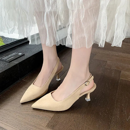 Apricot suede women's pointed-toe stiletto high heels on a plain background.