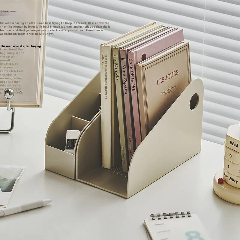 Two-tier plastic desktop storage box in milk coffee colour, dimensions 14.5x17x22cm