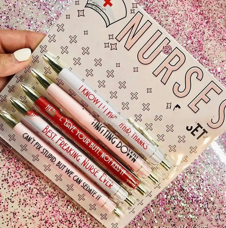 Five nurse cartoon theme retractable ballpoint pens in plastic construction