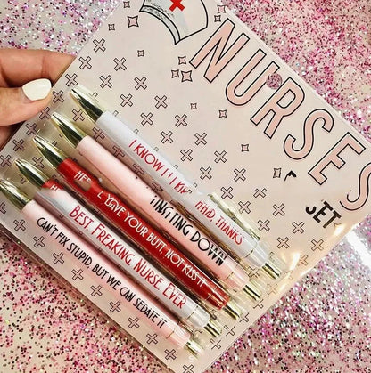 Five nurse cartoon theme retractable ballpoint pens in plastic construction