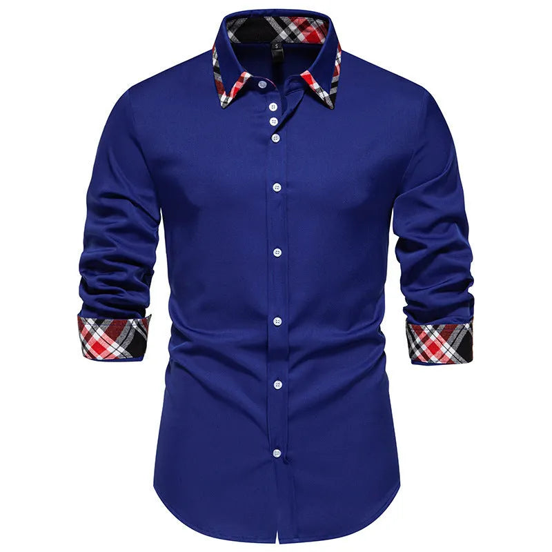 Men's plaid long sleeve shirt with triangle collar in blue, black, or white, showing contrast colour details and casual style.