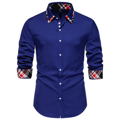Men's plaid long sleeve shirt with triangle collar in blue, black, or white, showing contrast colour details and casual style.