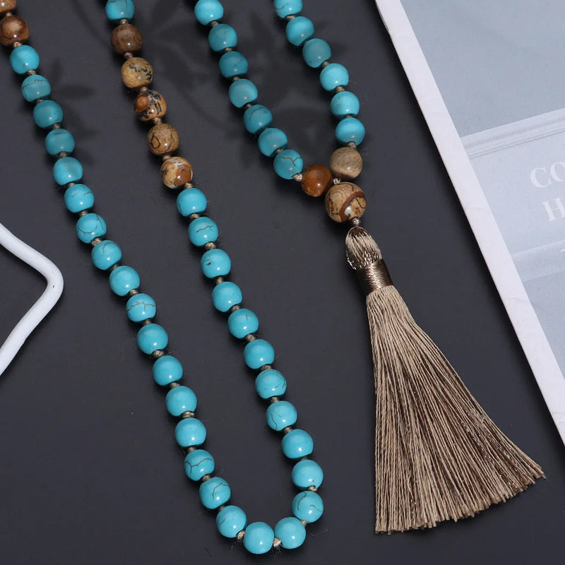 Vintage turquoise painted stone necklace handmade necklace featuring geometric mala beads with a circumference of 81cm and above in a blue pine colour, a unisex ball bead chain style suitable for niche fashion