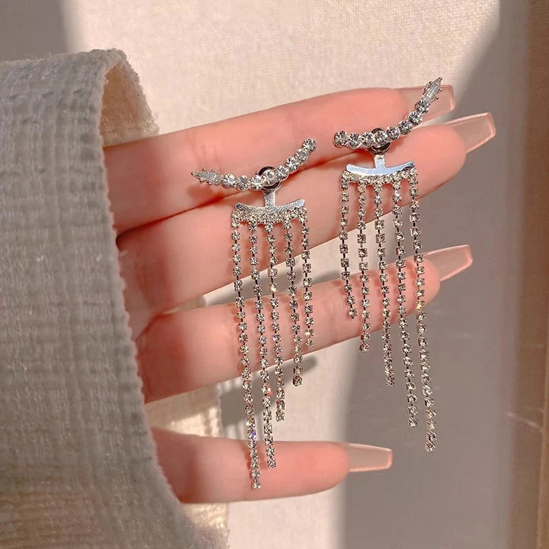 Sparkling zircon tassel earrings in sterling silver, featuring dazzling gems and flowing tassels for a bold, fashionable look.