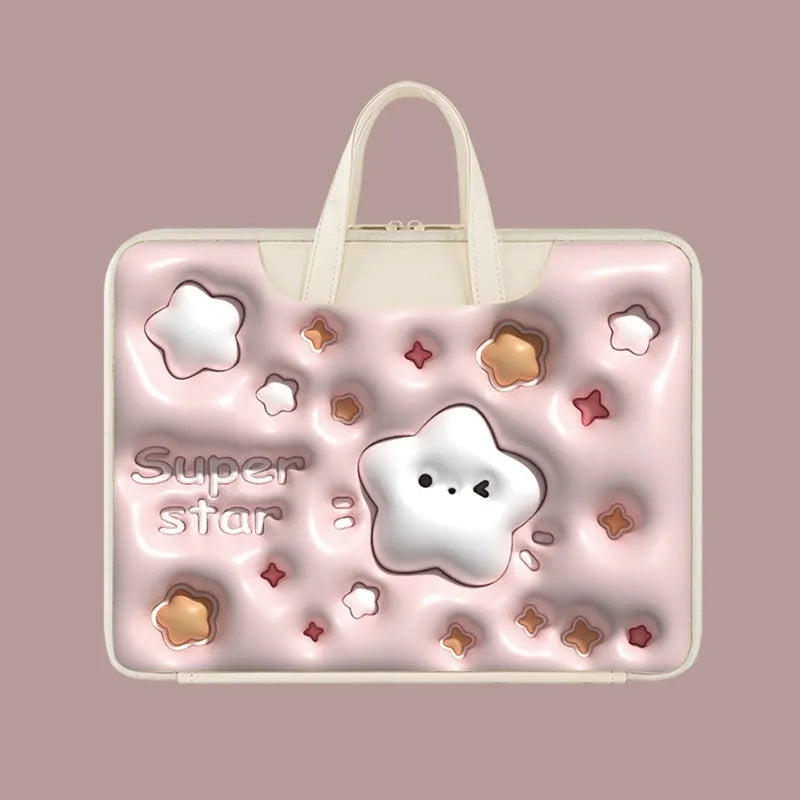 PU leather inflatable laptop bag with strap, shown in a cartoon pattern design, hanging from a suitcase handle.