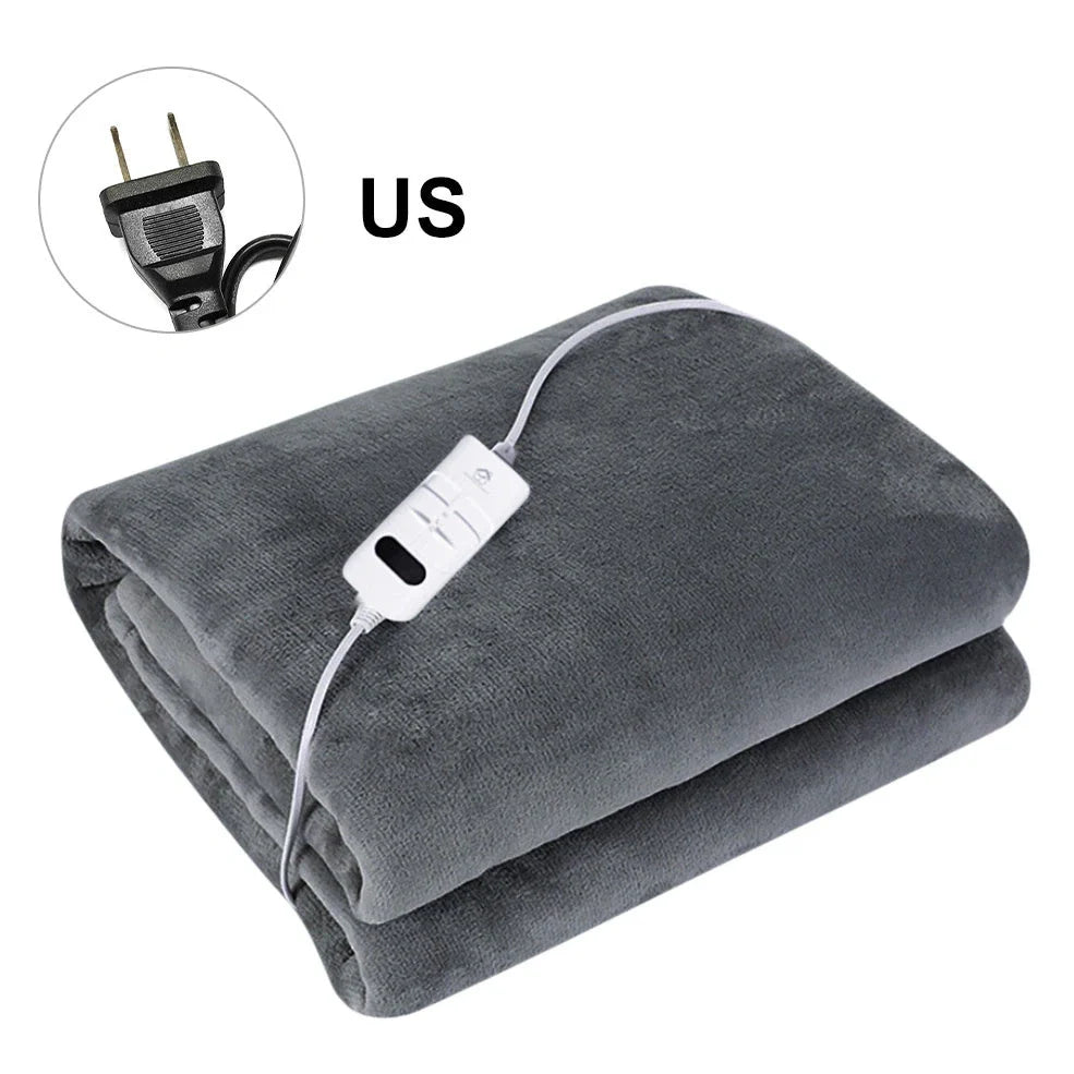 Grey tweed electric heating blanket showing 150cm width and UK plug compatibility
