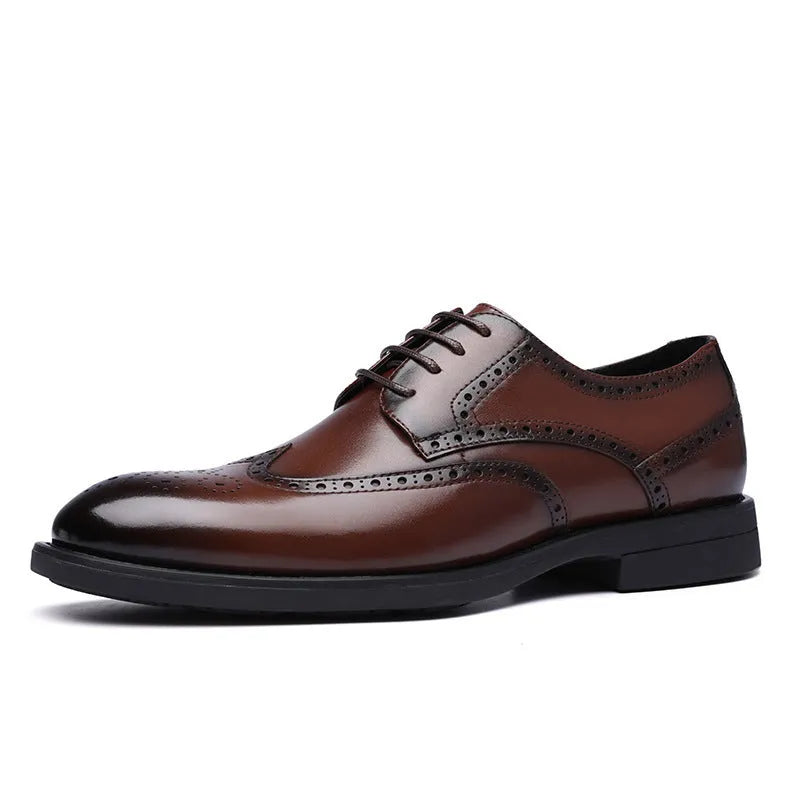 Men's black and brown brogue leather shoes with decorative perforations, business style formal footwear