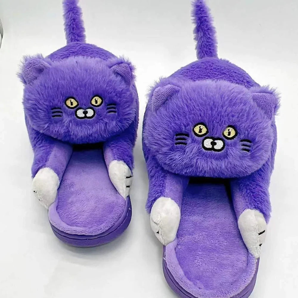 Cotton cat slippers with non-slip sole and animal pattern in blue, white, or beige