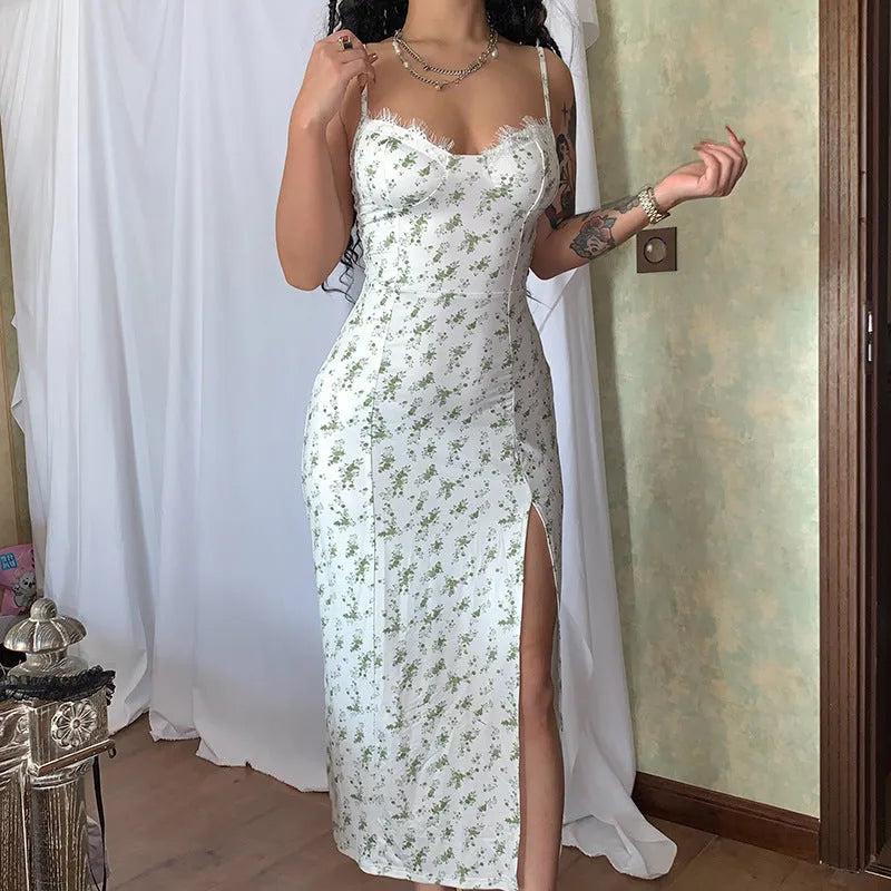 Women's lace print long dress with suspender straps and side slit in blue, green or red