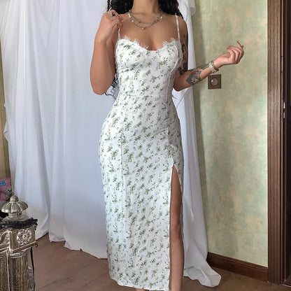 Women's lace print long dress with suspender straps and side slit in blue, green or red