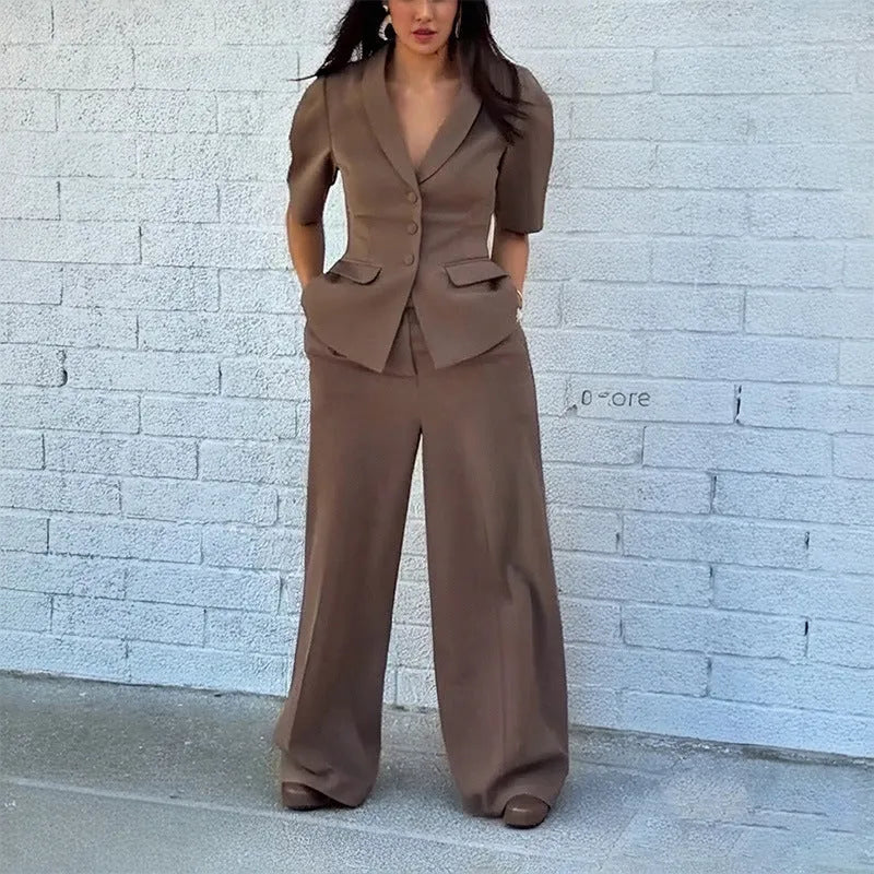 Brown polyester top and trousers suit set with slim fit waist, long sleeves, and full-length trousers