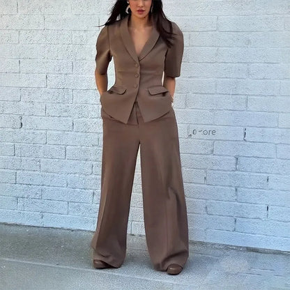 Brown polyester top and trousers suit set with slim fit waist, long sleeves, and full-length trousers