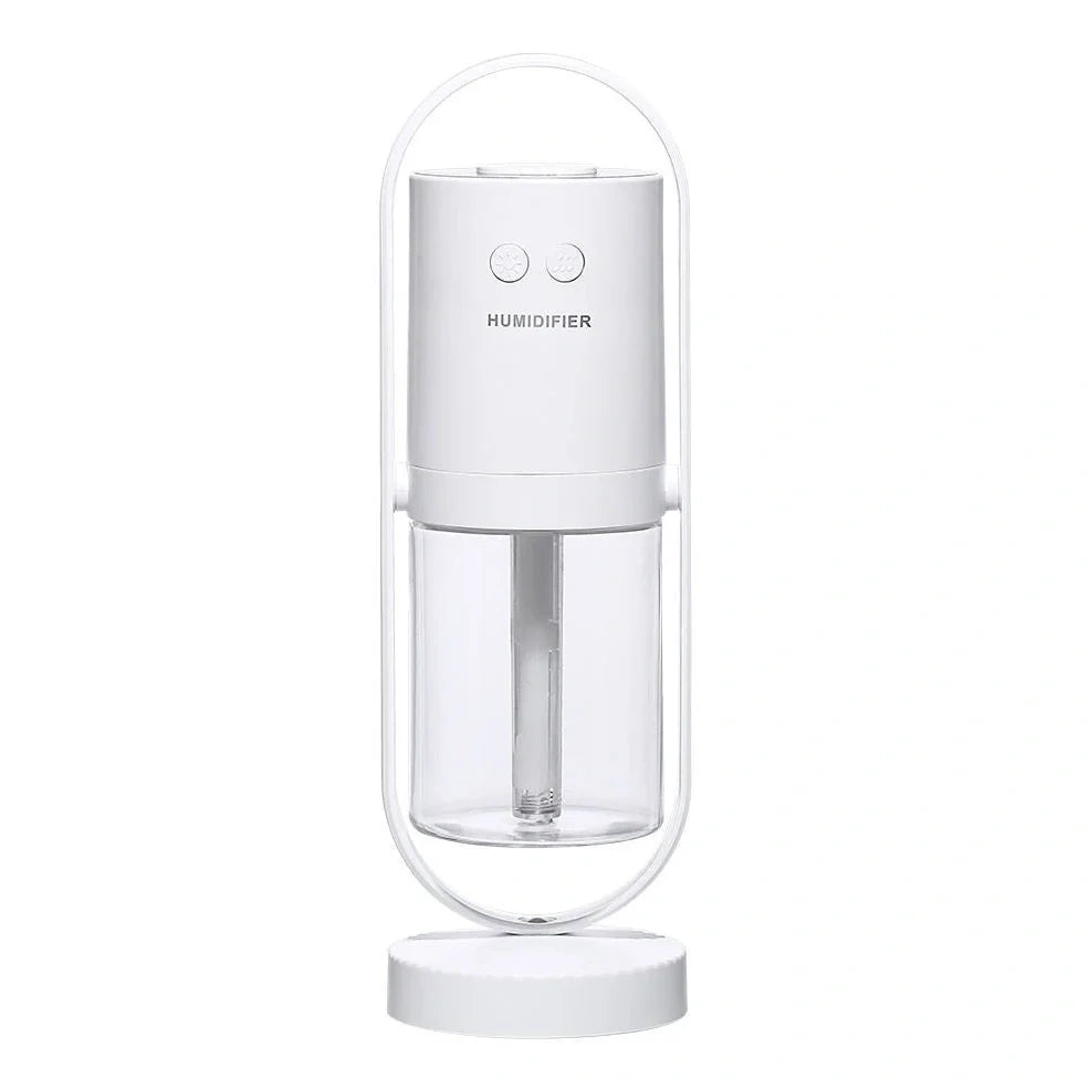 Portable USB humidifier with 200ml water tank in pink, blue, or white showing compact 70x66x213mm dimensions