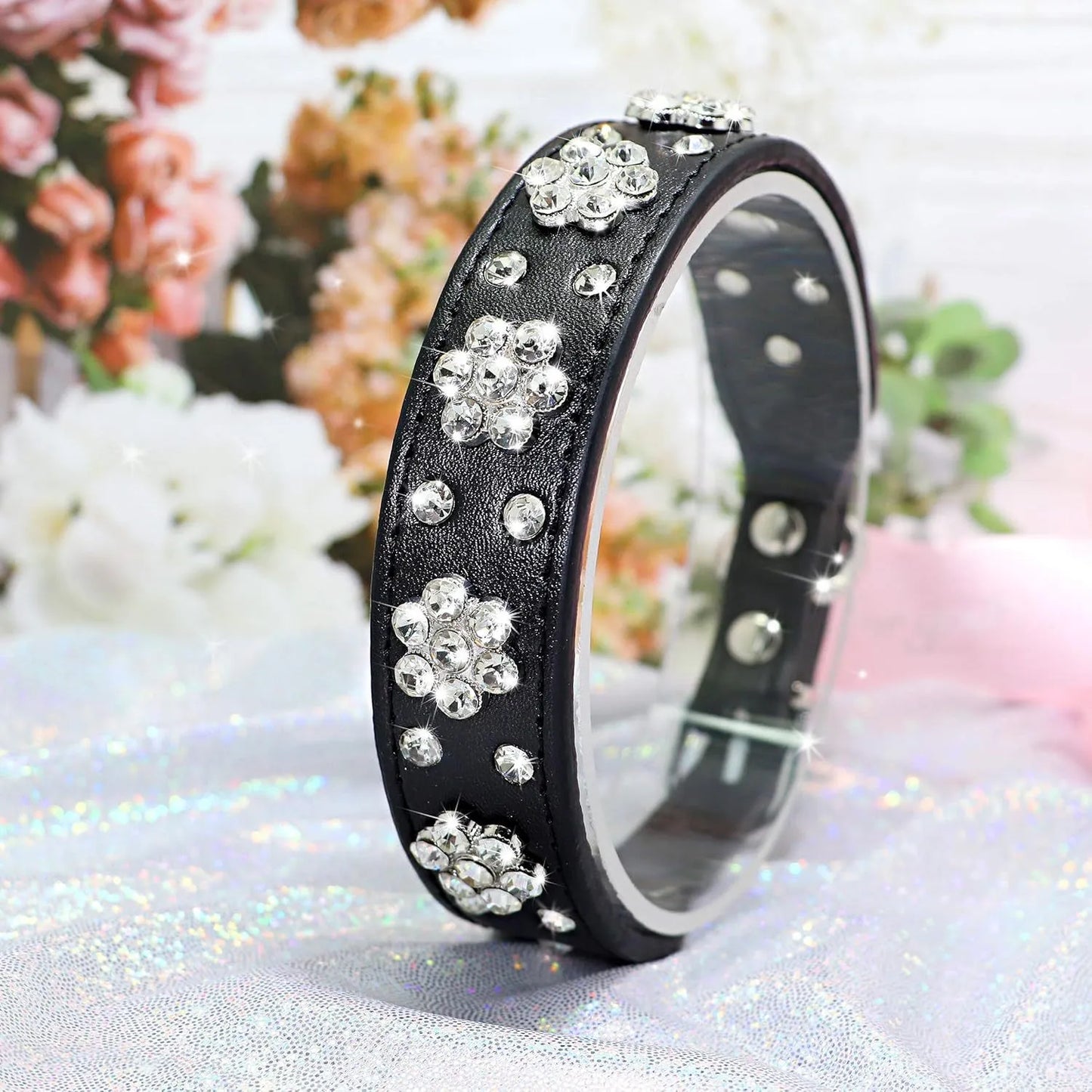 PU leather dog collar with rhinestone flower pattern and metal studs, adjustable for small and medium dogs