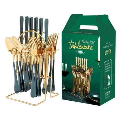 24-piece stainless steel cutlery set with knives, forks, spoons, and teaspoons on a storage rack in a gold finish.