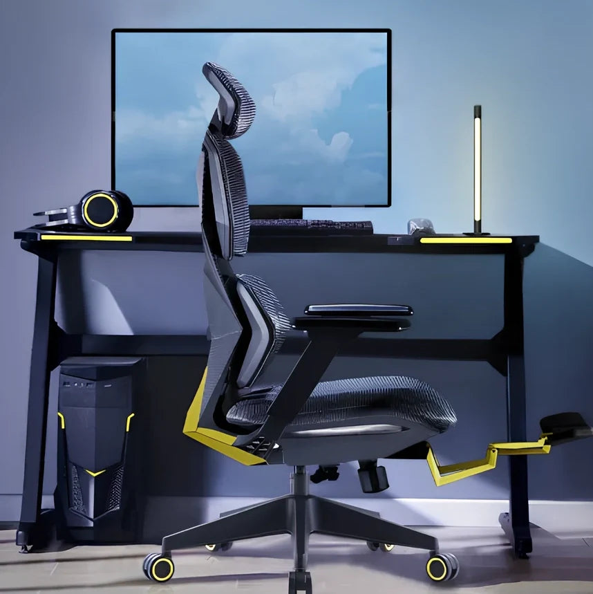 Ergonomic esports gaming chair with rotating armrests and built-in foot pedal in mesh fabric
