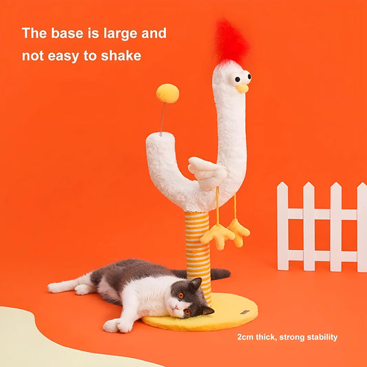 Tall yellow sisal cat scratching post with chicken strip pattern and a spring ball on top.