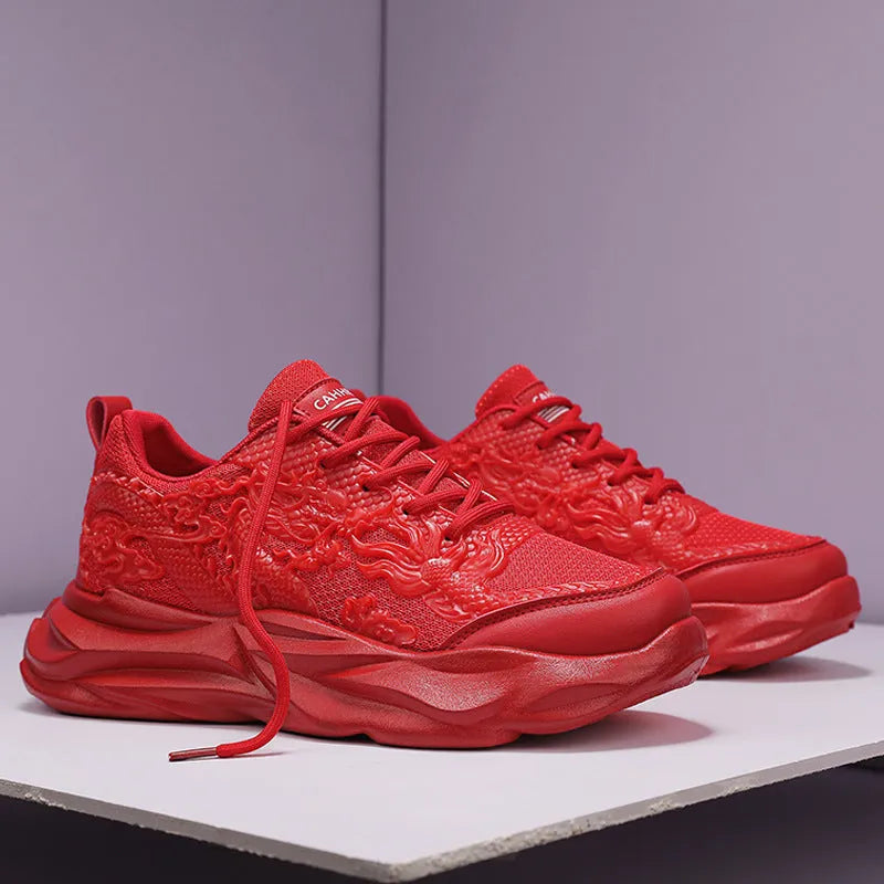 Chinese Loong breathable Fly Knit casual sneakers in four dragon colourways on a rubber sole.