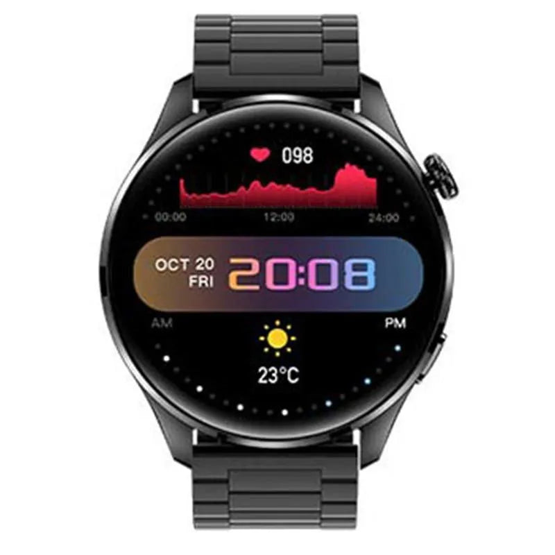 Smart watch with round colour screen, zinc alloy case, and silicone strap, showing Bluetooth calling and access control features