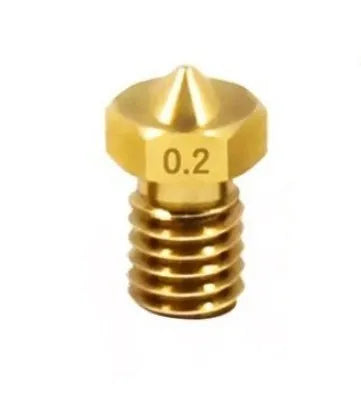 Brass 3D printer nozzle with M6 thread showing different outlet aperture sizes on a white background.