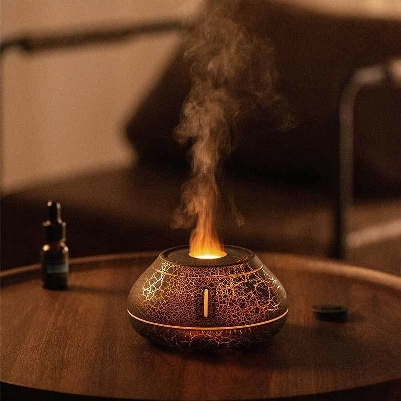 Soothing aroma diffuser with realistic flame-like humidification effect and color-changing LED lights for home and office use