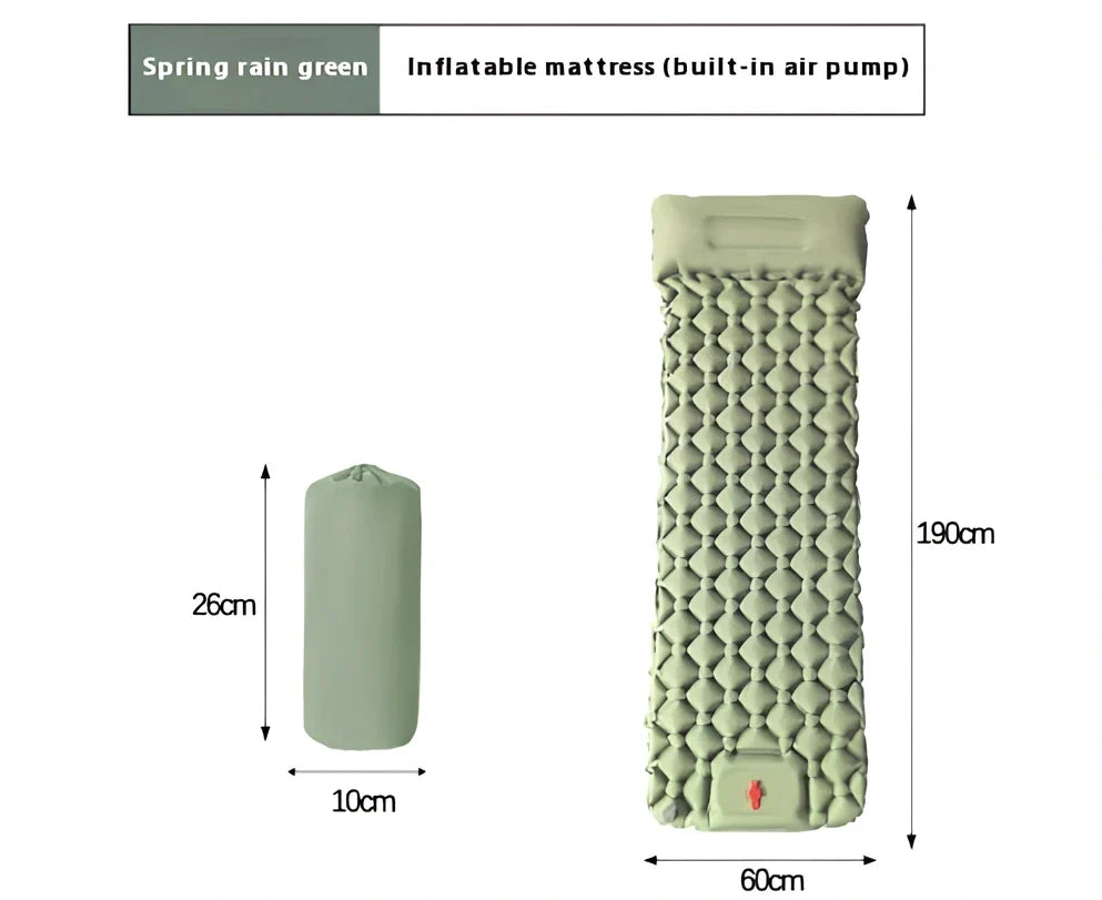 LT-88 navy blue inflatable sleeping pad showing 190cm length and integrated foot strap pillow design