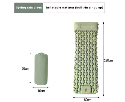 LT-88 navy blue inflatable sleeping pad showing 190cm length and integrated foot strap pillow design