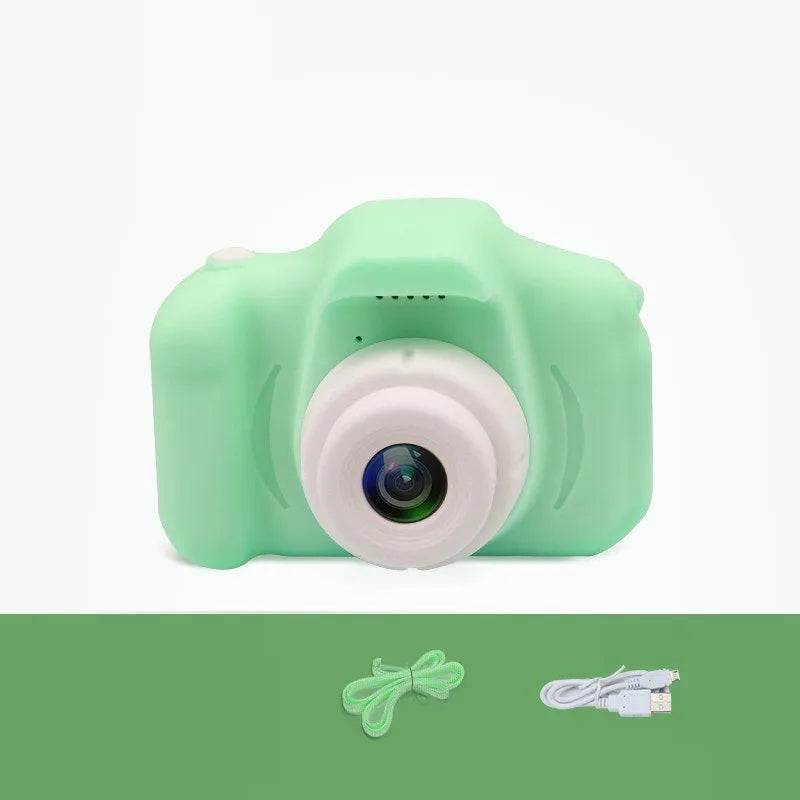 Colourful kids digital camera with silicone case showing 2-inch screen and lens.