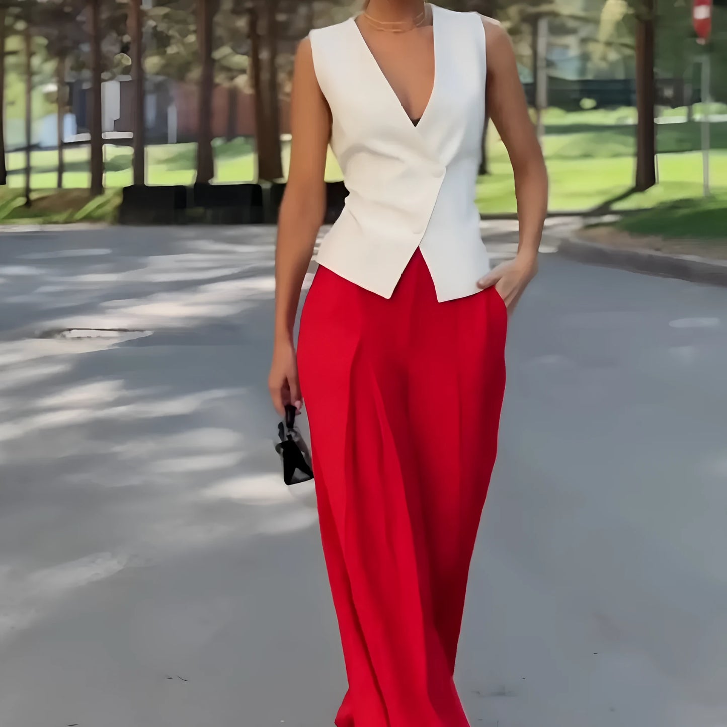 Beige women's two-piece set with sleeveless V-neck top and high-waist wide-leg trousers on a hanger.