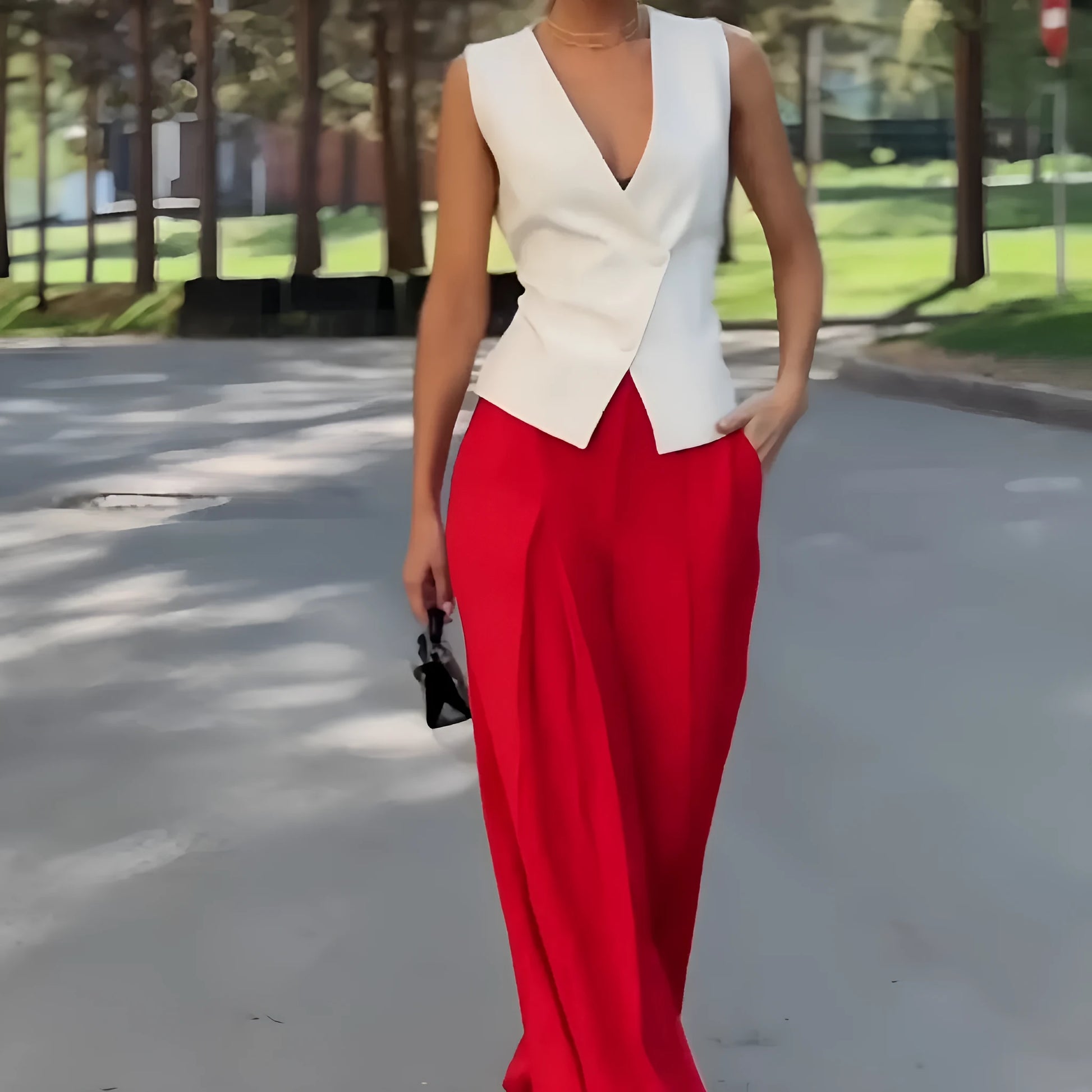 Beige women's two-piece set with sleeveless V-neck top and high-waist wide-leg trousers on a hanger.