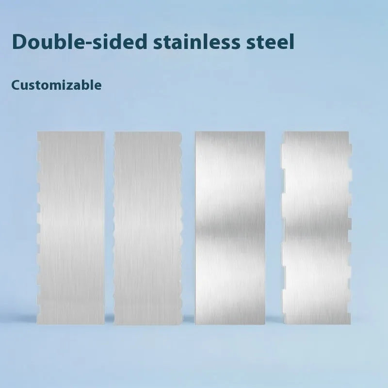Stainless steel cream scraper with polygon patterns for cake decorating showing six different texture options