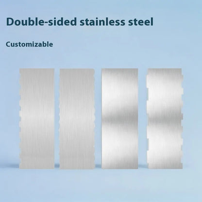 Stainless steel cream scraper with polygon patterns for cake decorating showing six different texture options