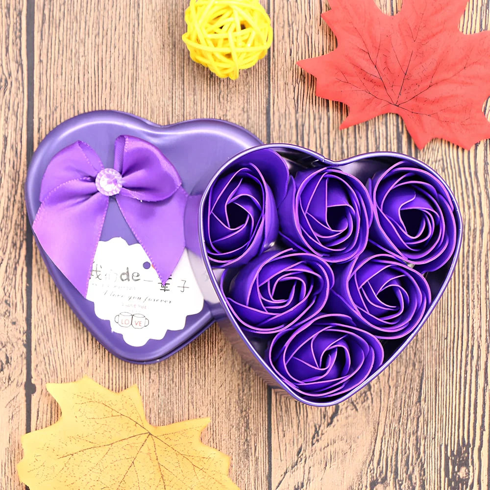 Handmade soap flower gift box in red heart-shaped tin with three blooms and bear, 12x12x5 cm for Valentine's Day