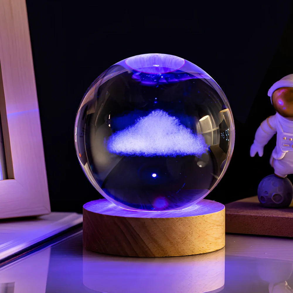 6cm crystal ball night light with Milky Way design on colourful base, USB cable connected