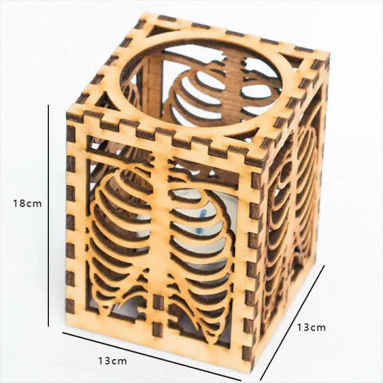 Wooden Halloween shadow lamp with head bone and rib design, American style, 18cm x 13cm x 13cm, picture colour.