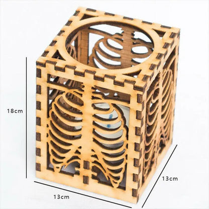 Wooden Halloween shadow lamp with head bone and rib design, American style, 18cm x 13cm x 13cm, picture colour.