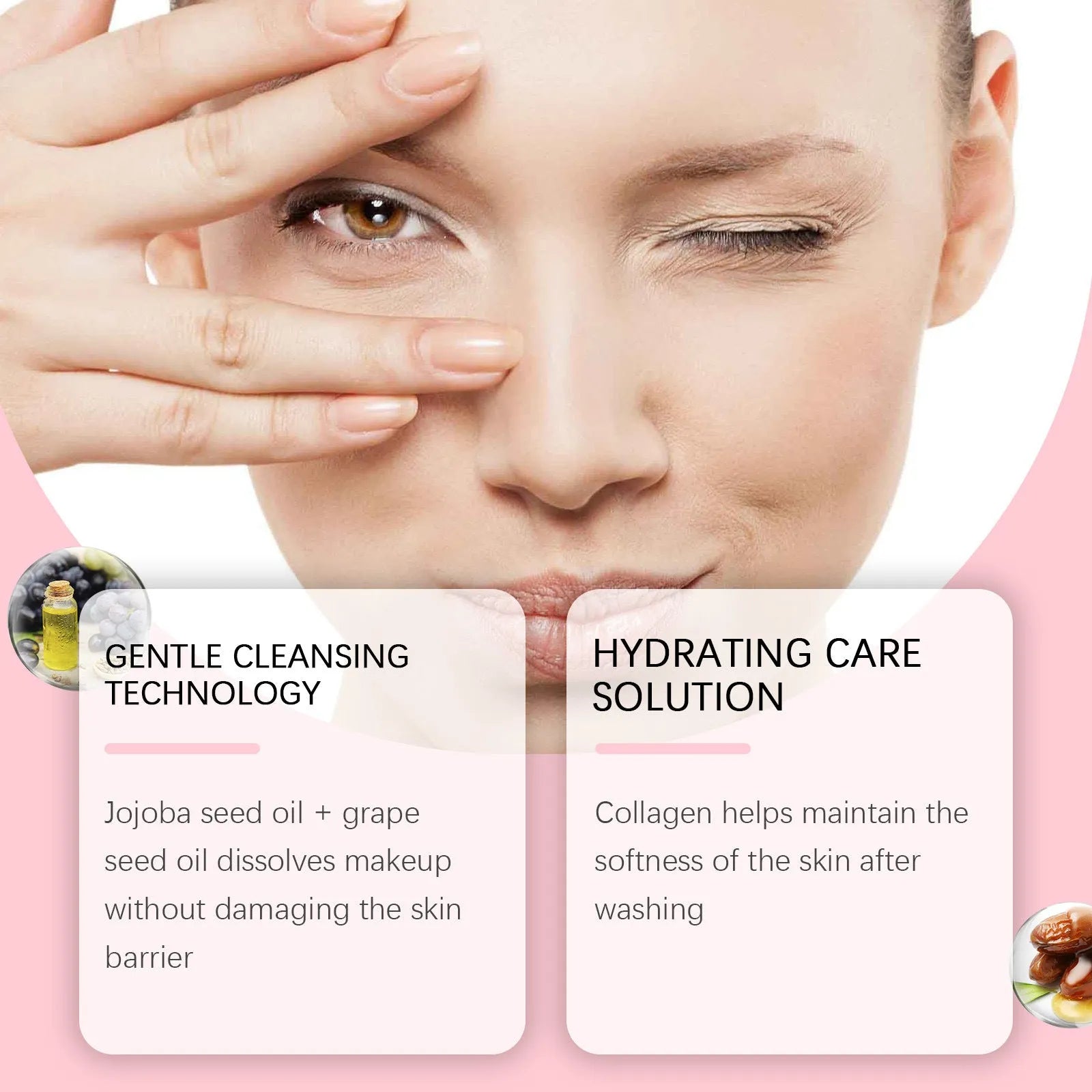 100ml bottle of collagen cleansing oil with jojoba and grape seed oils for makeup removal.