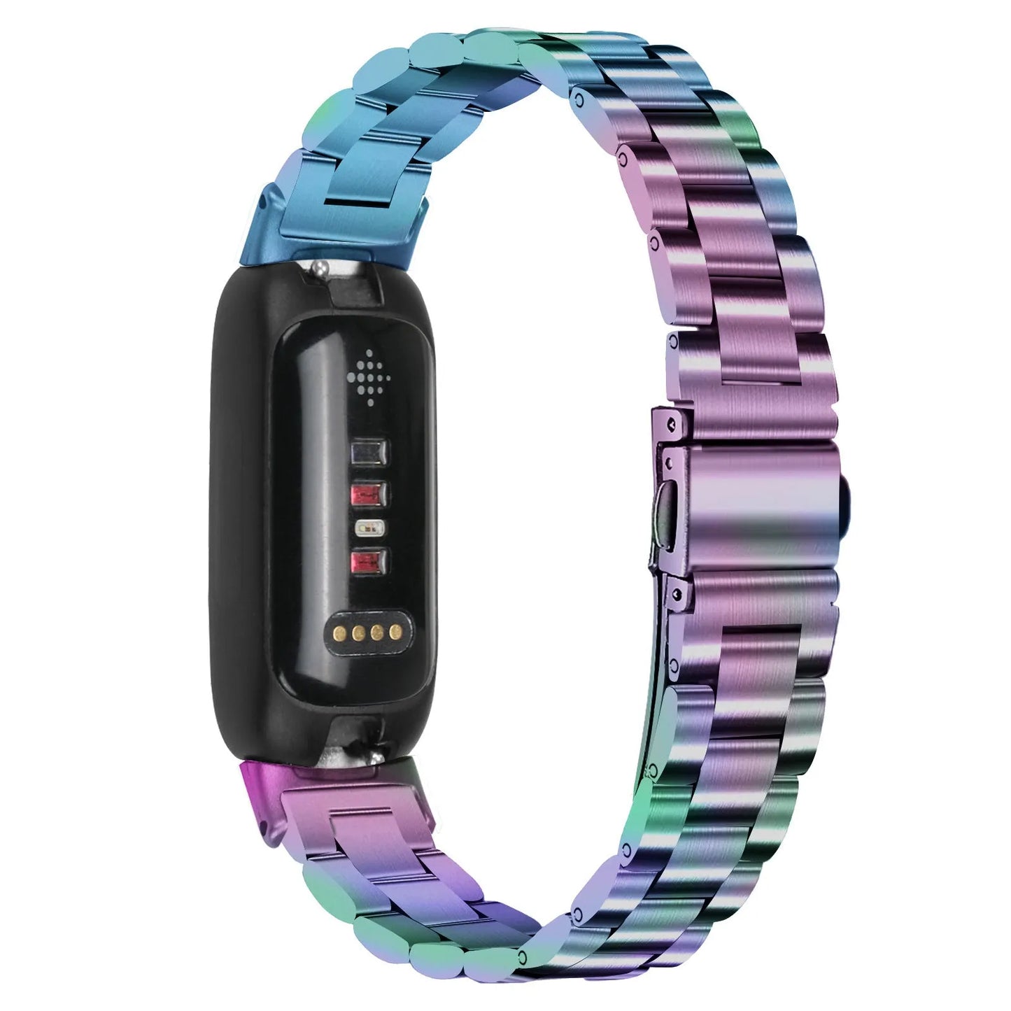 Three-bead stainless steel watch strap for Fitbit Inspire 3 in rose gold on a wrist